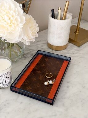 Luxury Handmade Acrylic Tray with Authentic LV Canvas and Shopping Bag
